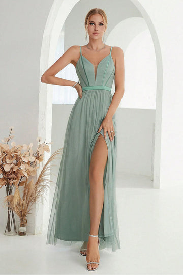 Grey Green A Line Spaghetti Straps Long Prom Dress with Slit